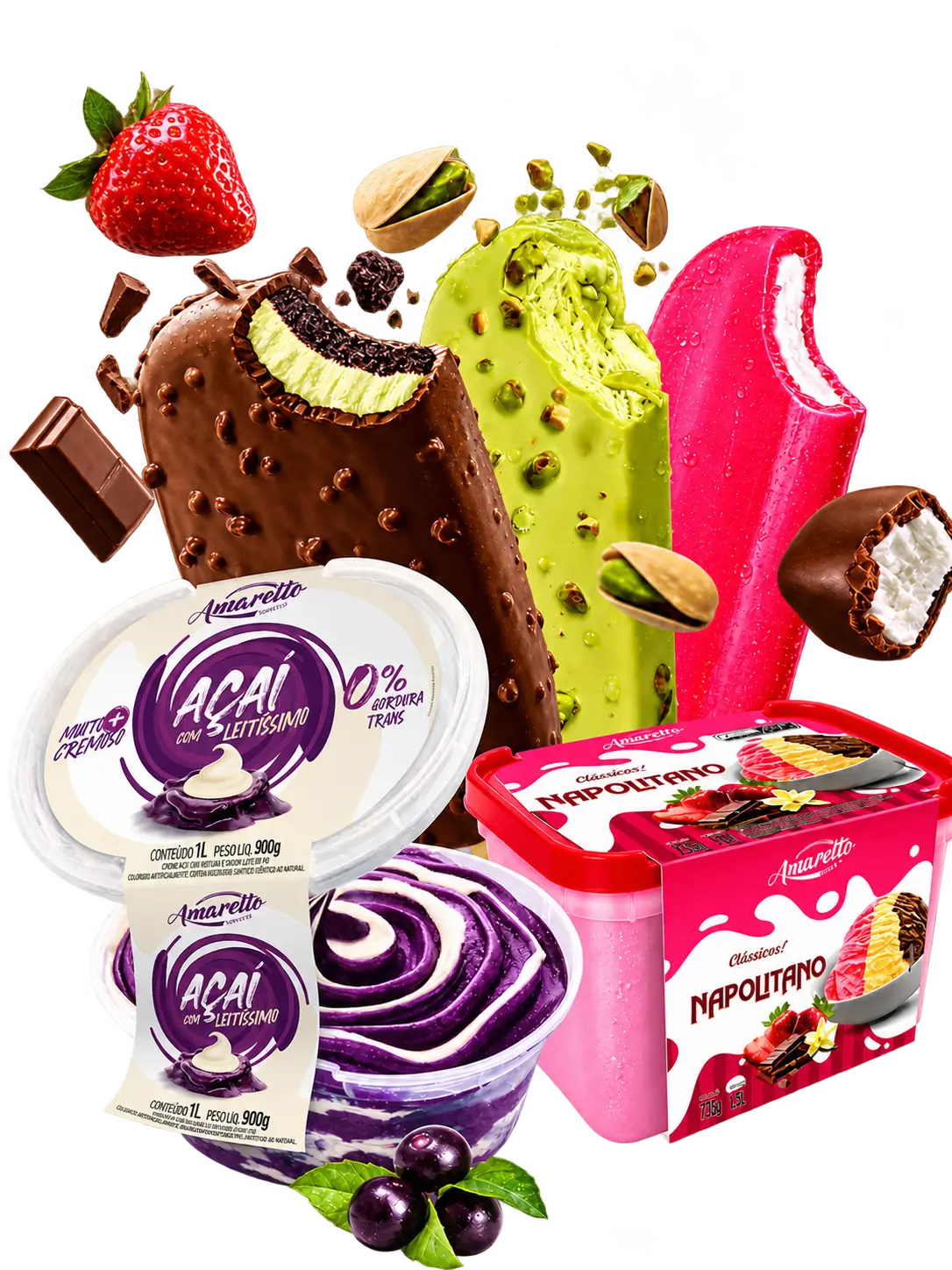 Produtos Amaretto: picolés, açaí e sorvete napolitano