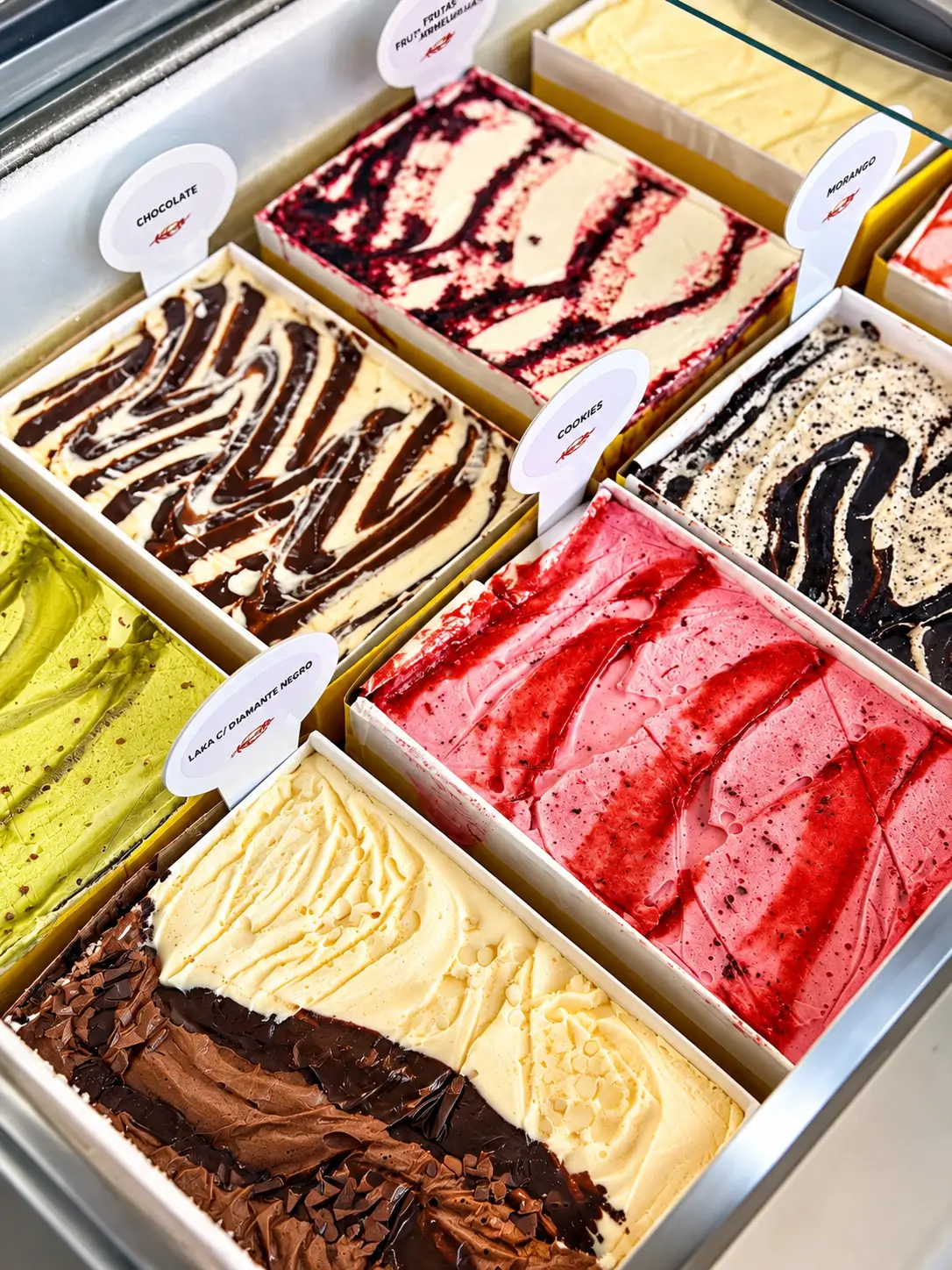 Vitrine de gelatos artesanais coloridos Amaretto